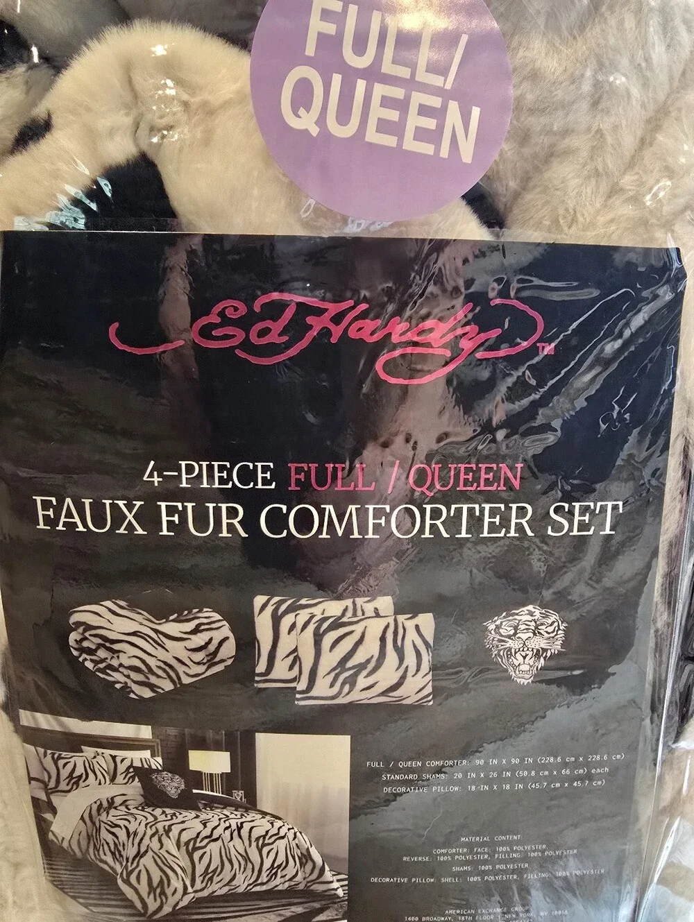 New Ed Hardy 4-Piece Luxe Faux Fur White Tiger Print Comforter Set Full/Queen